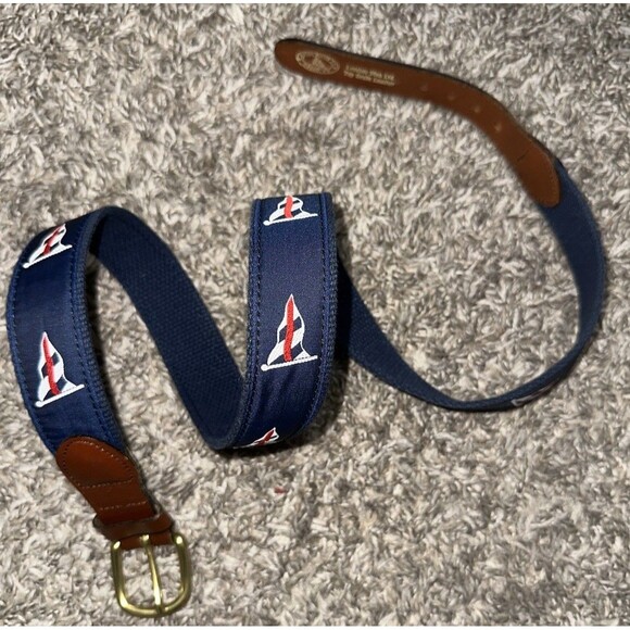Hand Made In Essex Ct Men's Sailboat Embroidered Canvas & Leather Belt - Size 38 - Picture 1 of 5